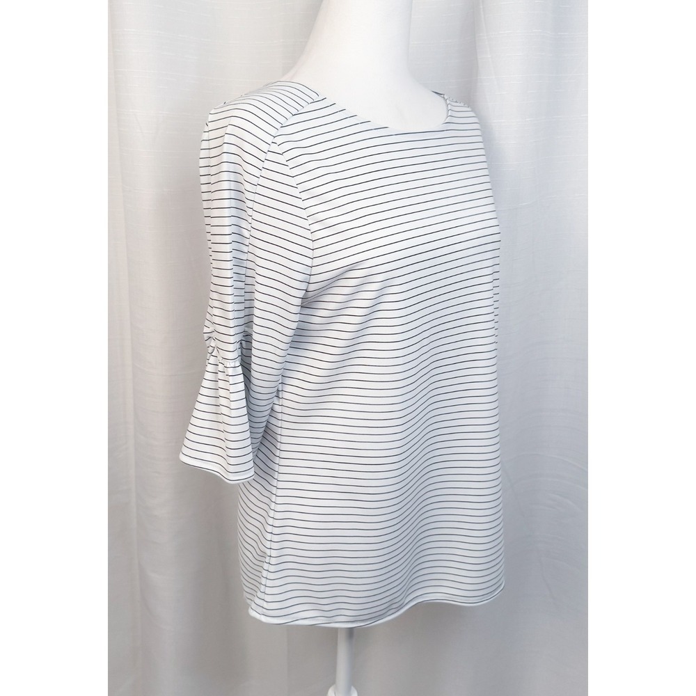 Ann Taylor Factory Blouse White Black Stripe Flutter Elbow Sleeve Top - Small - Picture 2 of 10